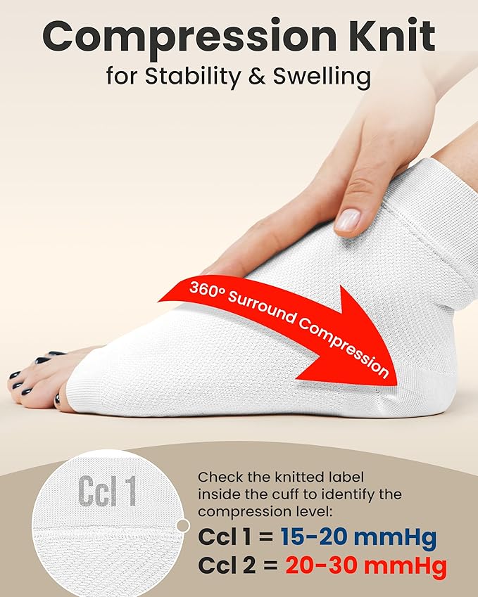 KEMFORD Ankle Compression Sleeve - Plantar Fasciitis Braces - Open Toe Compression Socks for Swelling, Sprain, Neuropathy, Foot Arch Support for Men and Women - 20-30mmhg, M, White