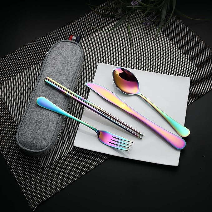 DEVICO Camping Utensils, Portable Travel Utensils with Case, Stainless Steel Reusable Silverware for Lunch Adult, 5Pcs Cutlery Set Includes Knife Spoon Fork Chopsticks and Case (Rainbow)
