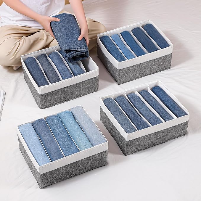 Jeans Drawer Organizers for Clothing,5 Grids Compartment Wardrobe clothes organizer,Fabric Washable Closet Organizers and Storage Bins for Jeans,Pants,Bra,Legging,t-shirt-GreyWhite