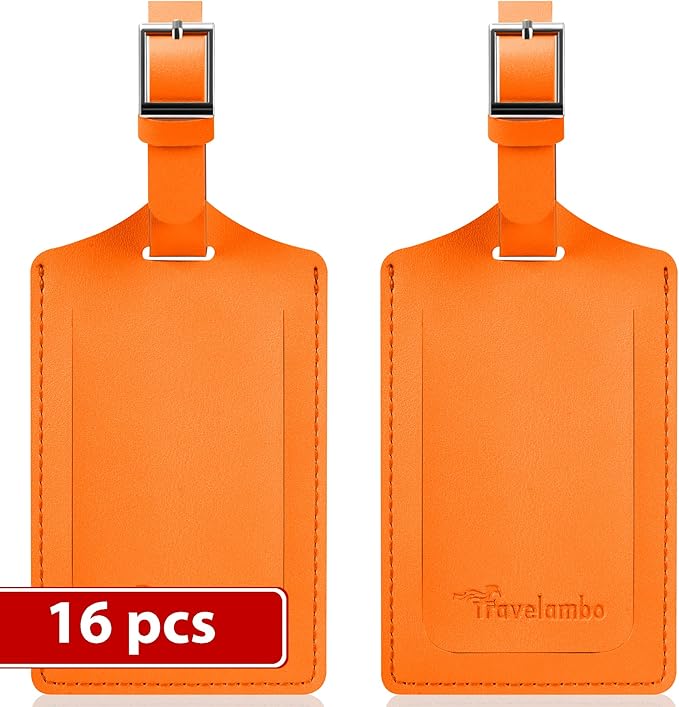 Travelambo Luggage Tags for Suitcases Faux Leather Privacy Protection 16 Pack Bag Tags Travel Accessories Essential, Hot Orange