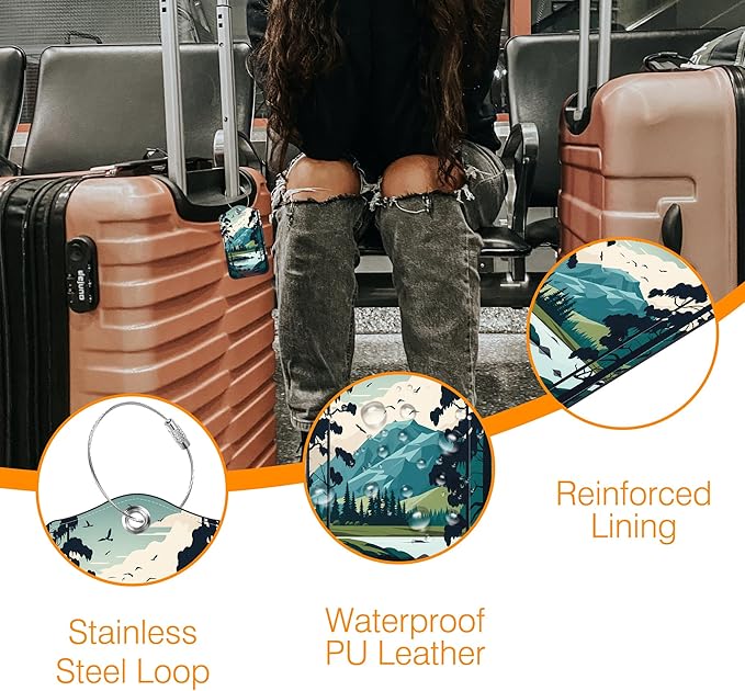 Mesmerizing Mountain Lake Scenery Luggage Tag for Suitcase 2 Pack Leather Luggage Tag with Privacy Flap Name ID Label and Metal Loop for Women Men Travel