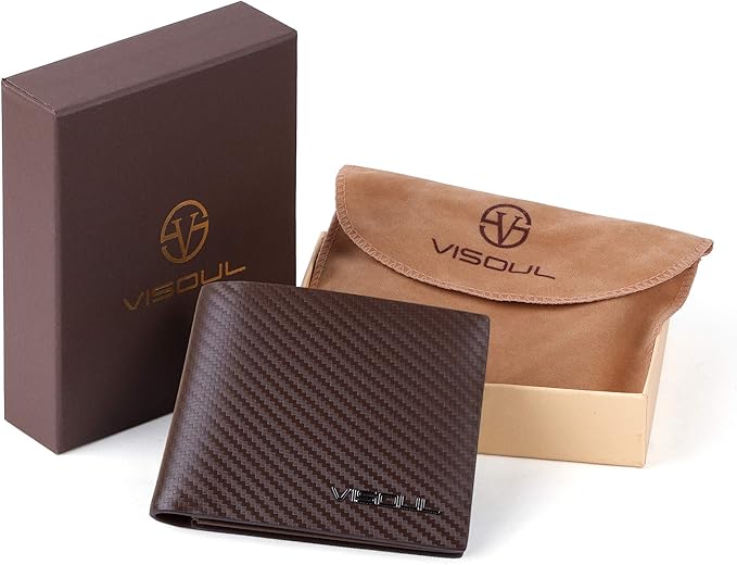 VISOUL Mens Carbon Fiber Leather Bifold Wallet with 2 ID Windows, RFID Blocking Stylish Wallet for Men with 2 Cash Compartments (Brown+Brown)