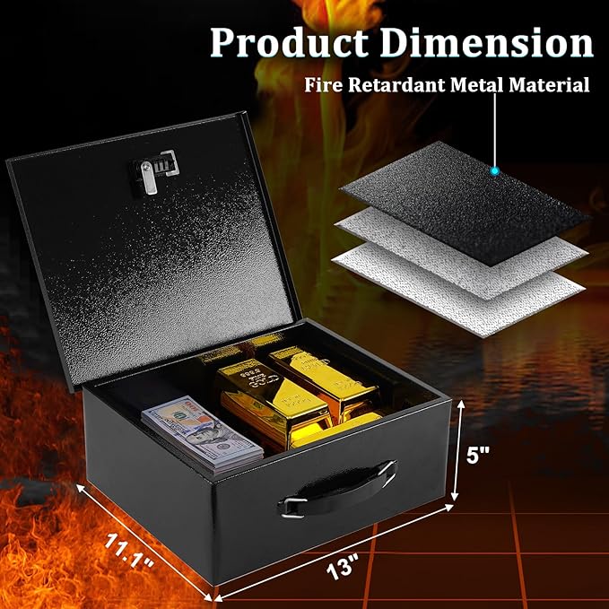 Dalmbox Portable Metal Safe Box with Dual Combination and Key Lock - Fire Resistant Storage for Documents, Car, Home and Outside - X Large 13.2"x 11"x 5.1" Black Box
