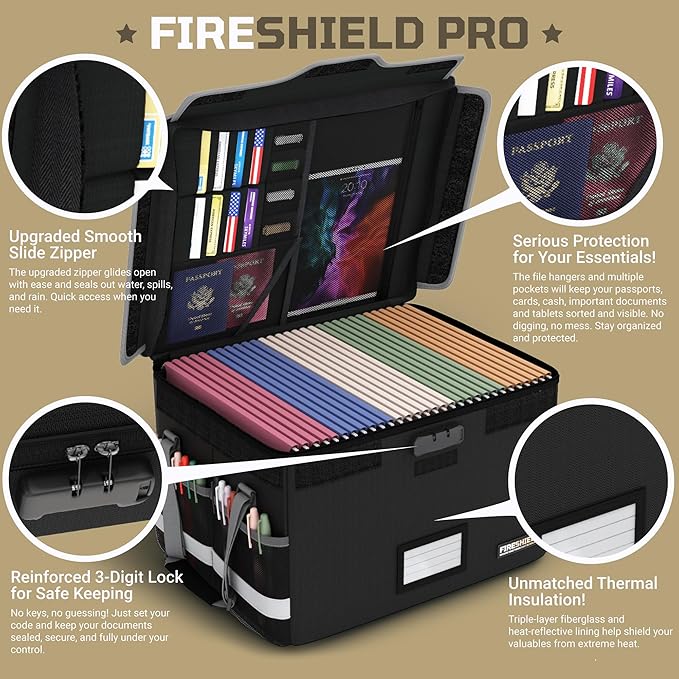FIRESHIELD PRO Fireproof Document Box with Lock – Portable File Organizer for Hanging Letter/Legal Folders – Water Resistant, Safe Storage for Home, Office or Travel – Size: 16.1" x 12.9" x 11"