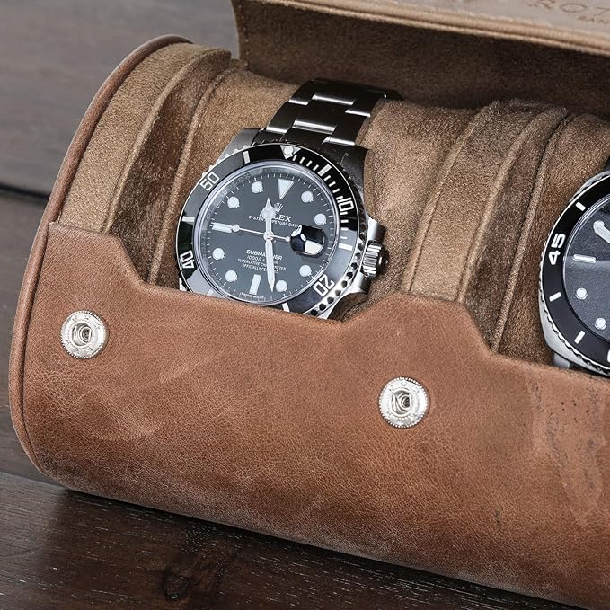 ROTHWELL Watch Roll Travel Case for 3 Watches | 100% Real Leather, Tough Portable Protection, Fits All Wrist Watch & Smart Watches Up to 50mm (Tan/Tan)