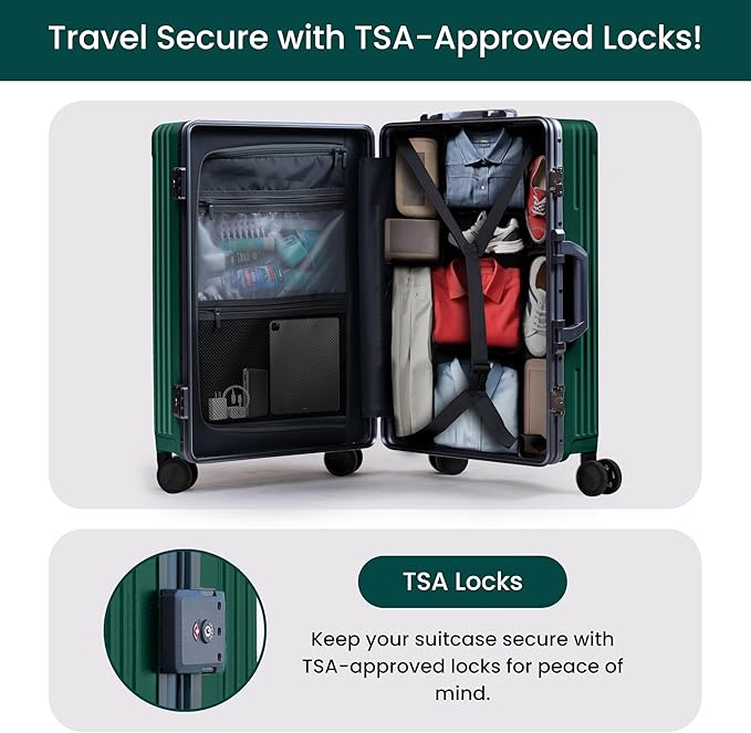NOBL Travel Carry On Luggage, Noble Zipperless Aluminum Frame PC Hard Shell Suitcase, 20.8x15x8.7 Airline Approved, 360° Spinner Wheels, TSA Locks, USB Charging Port, Cup & Phone Holder - Forest Green