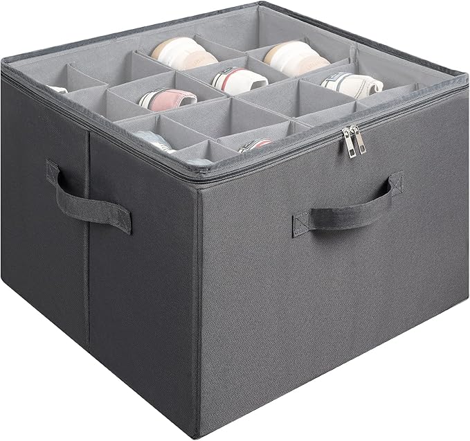 Shoe Organizer for Closet, Foldable Shoe Storage Bins with Clear Cover, Large Shoe Box Storage Container with Adjustabele Dividers, Fits up to 16 Pairs, Gray