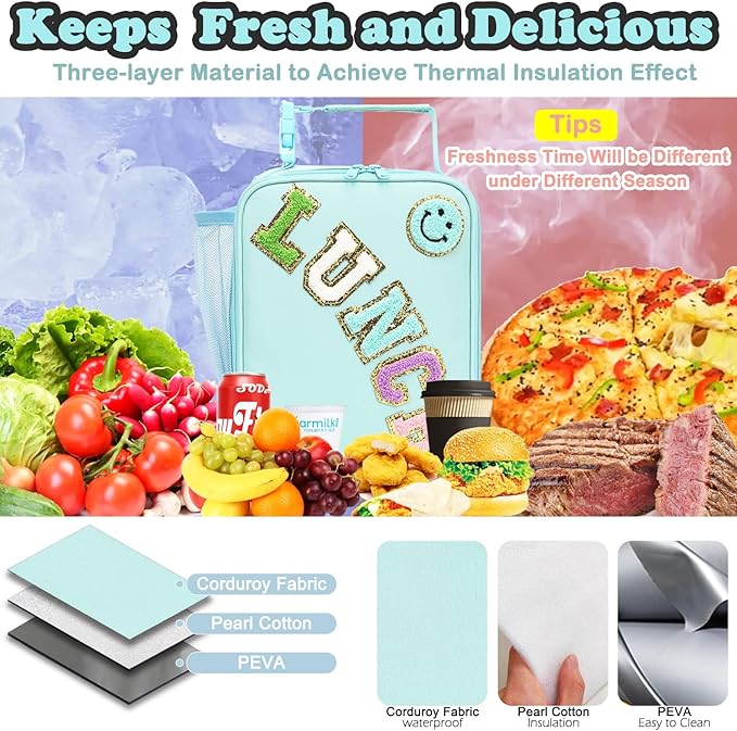 FlowFly Lunch box Insulated Soft Bag Mini Cooler Back to School Thermal Meal Tote Kit With Buckle and Mesh Side Pocket for Girls, Boys, GreenWithLetter
