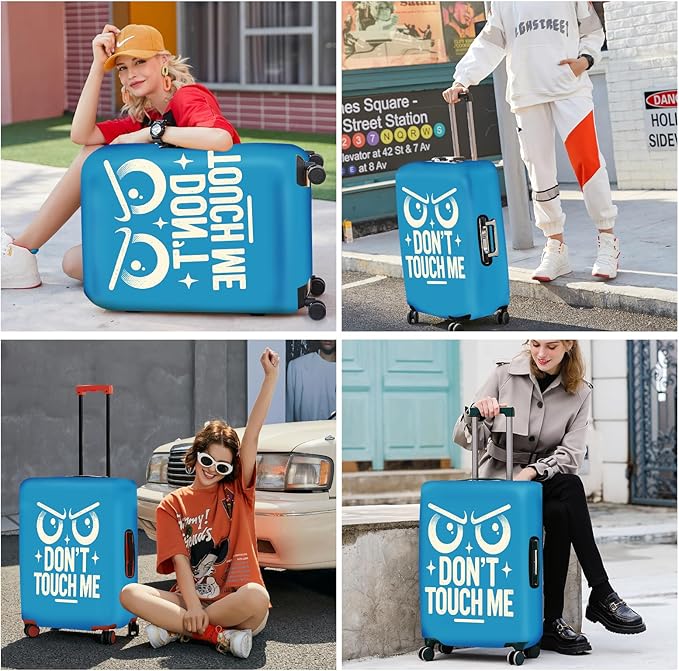 ANNA QUEEN Funny “Don’t Touch Me” Luggage Cover, Bold Blue Suitcase Protector with Angry Eyes Design, Stretchable, Washable Travel Cover for 20-22 Inch Luggage