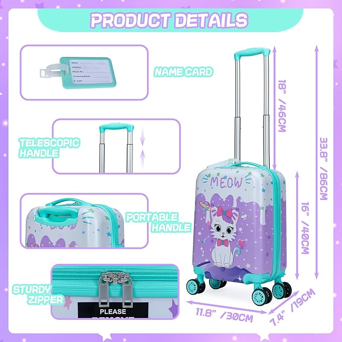Cute Cat Kid’s Luggage Set 5 Piece Suitcase Set 16’’ Hardside Luggage with Spinner Wheels Girls Boys Carry on Toddler Luggage Travel Rolling Luggage Carry on Luggage Airline Approved