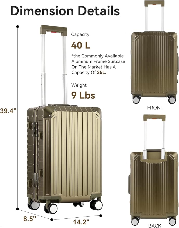 Mvst Luggage Premium All Aluminum Magnesium Carry On 20'' Lightweight Metal,Suitcase with Spinner Wheels Built-in Toiletry Set, Luggage Protector（silvery） (Brown, 20inch)