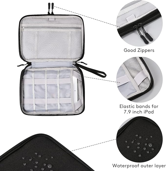 DDgro Travel Electronics Organizer Pouch Bag for Tech Gadgets & Airplane Accessories, for Cables/Cords & Chargers/iPad Mini (Large, Black)