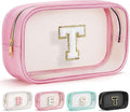 YOOLIFE Travel Toiletry Bag for Women, Pink Clear Makeup Bag Cute Make Up Bag for Women Cosmetic Bags Skin Care Makeup Bag Organizer Birthday Gifts for Women Teacher Mother Girlfriend Initial T