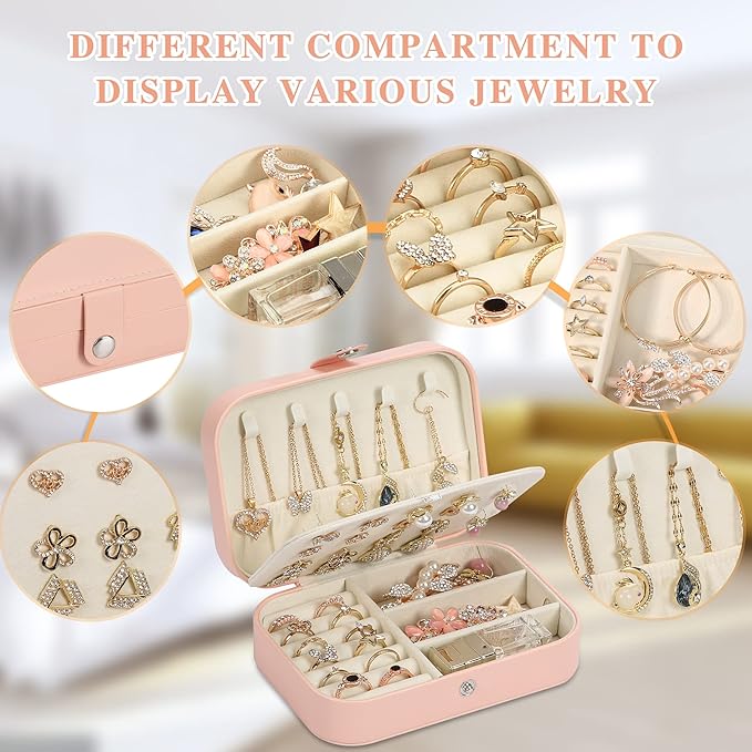 Travel Jewelry Box, PU leather Small Jewelry Organizer For Female Girls, double layer portable mini travel case for storing earrings, rings, necklaces.(Pink)