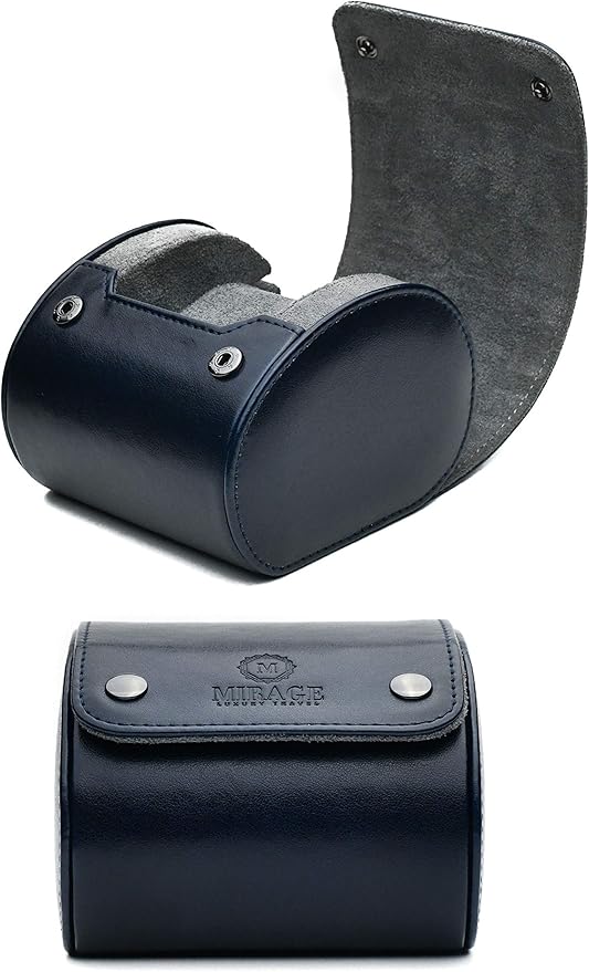 Single Watch Case - 1 Watch Travel Case Holder - Midnight Blue Swiss Motif Vegan Leather