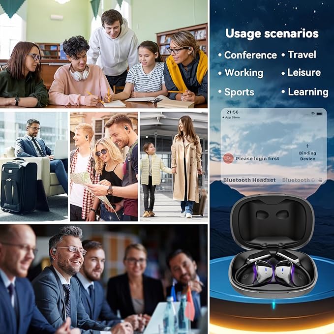 AI Translation Earbuds Real Time- 144 Languages, Meeting Assistant, LCD Touch Screen, Noise Cancelling, Wireless Open Ear Translator Earbuds- Used for Travel, Business, Learning, Grey pr