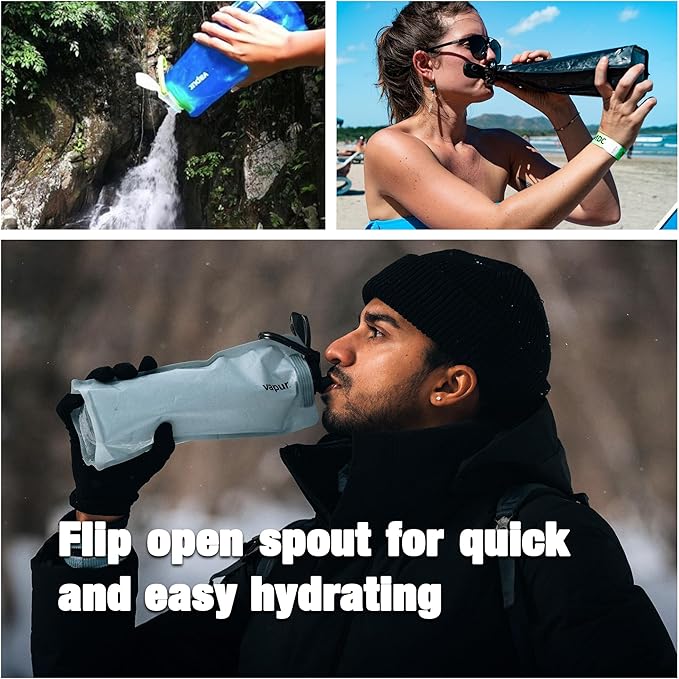 Vapur Collapsible Water Bottle With Carabiner, Compact Bottle Folds Flat For Hydration On The Go, Ideal for Traveling, Hiking or Camping, 16 Ounce, Cyan Blue, Pack of 1