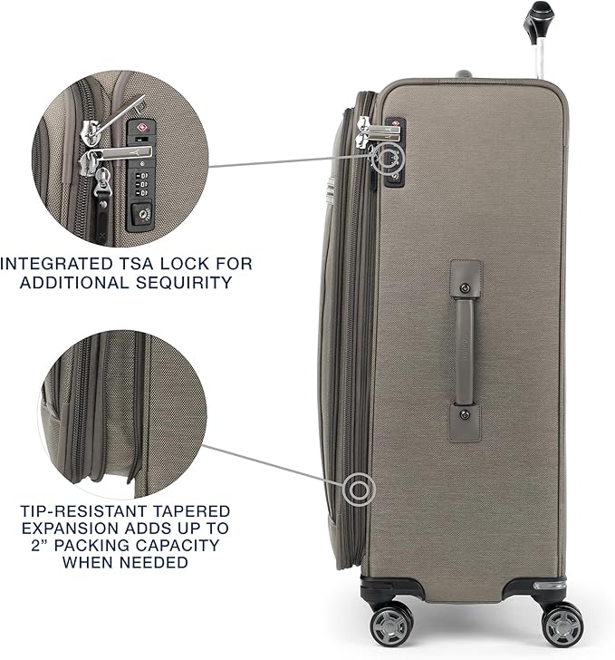 Travelpro Platinum Elite Softside Expandable Checked Luggage, 8 Wheel Spinner Large Suitcase, TSA Lock, Men and Women, Metallic Sand, Checked Large 29-Inch