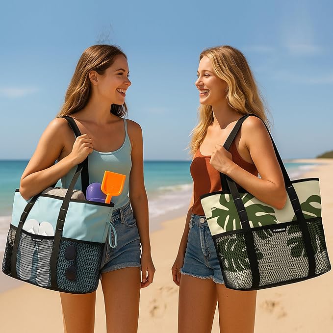 Beach Bag with Zipper - 8 Pockets Sandproof Beach Tote Bag for Women,Foldable Lightweight Family Swim Bag Vacation