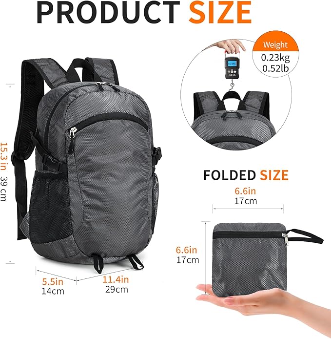 Small Hiking Daypack,15L Waterproof Hiking Backpack Packable Lightweight Travel Day Pack for Women Men (Grey, Small)
