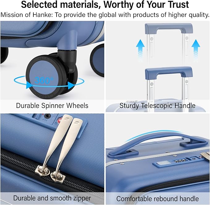 Hanke 20 Inch Carry On Luggage with Cup Holder and Charge,Top Opening Hard Shell Suitcases with Wheels and Dividers,Aluminum Frame Trunk Luggage Small Suitcase with Lock for Travel,Interstellar Blue