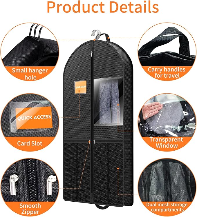 Garment Bag Travel Hanging Clothes: 43 Inch 2 Packs Fabric Breathable Foldable Zippered Pockets - Closet Storage Cover Packable - Men's Suit Shirts Uniform Jacket Jersey Tuxedo