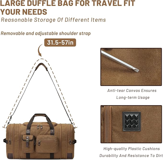 Travel Duffle Bag for Men, Heavy Duty Canvas Duffle Bag, Carryon Bags for Airplanes, Expandable Vintage Leather Overnight Luggage Weekender Bag, Waterproof Anti-tear Canvas Bag