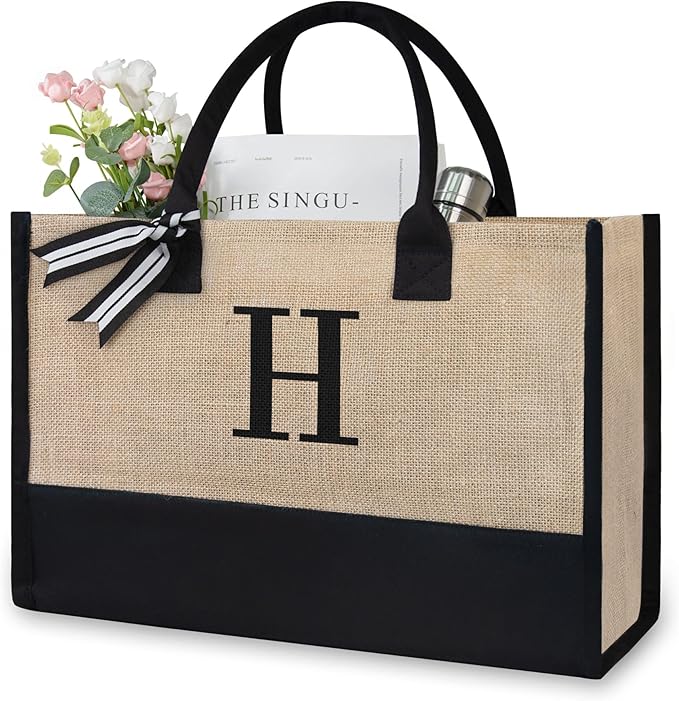 TOPDesign Initial Jute/Canvas Tote Bag, Personalized Present Bag, Suitable for Wedding, Birthday, Beach, Holiday, is a Great Gift for Women, Mom, Teachers, Friends, Bridesmaids (Letter H)