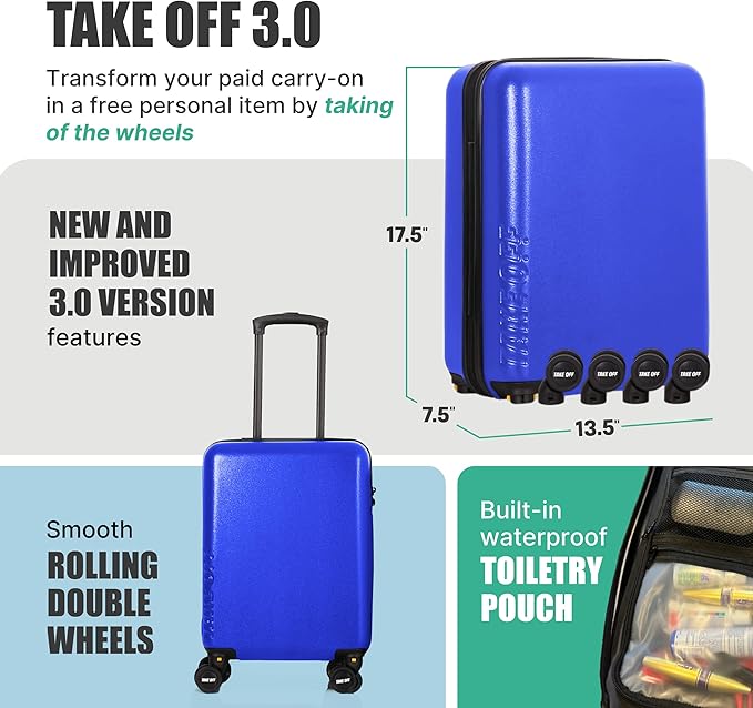 Take OFF Luggage Personal Item 3.0 – 18x14x8 Underseat Carry On with Removable Wheels – TSA Lock, Hardshell Suitcase – Fits Tight Airline Size Rules – No-Fee Lightweight Travel Bag