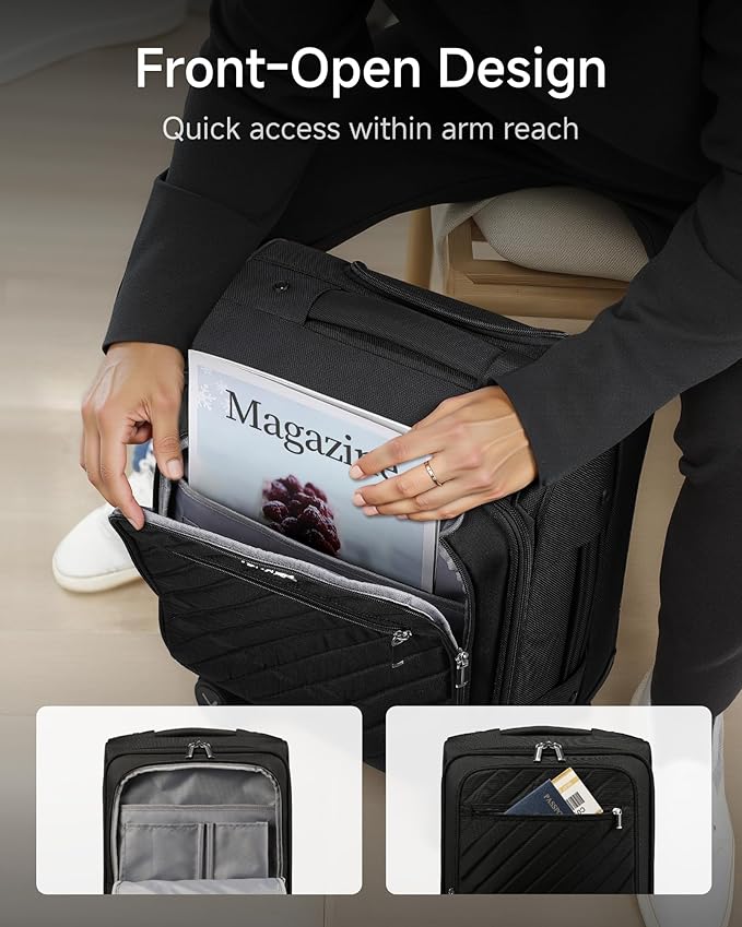 LUGGEX Carry On Luggage with Spinner Wheels - Stylish Lightweight UnderSeat Luggage - Soft Sided Small Suitcase with Front Open Design for Travel, Business (Black, 15 Inch)
