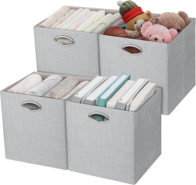 Posprica Storage Cubes, 12×12 Collapsible Storage Basket Bins,Heavy Duty Fabric Containers, 4pcs, Sliver Grey