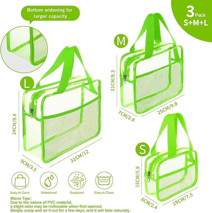 XEWEA Clear Travel Toiletry Bags, 3 Pack TSA Approved Transparent Makeup Bag for Men Women, Large Waterproof PVC Quart Organizer with Zipper for Toiletries Airline Essential,Toy Storage Pouch Green