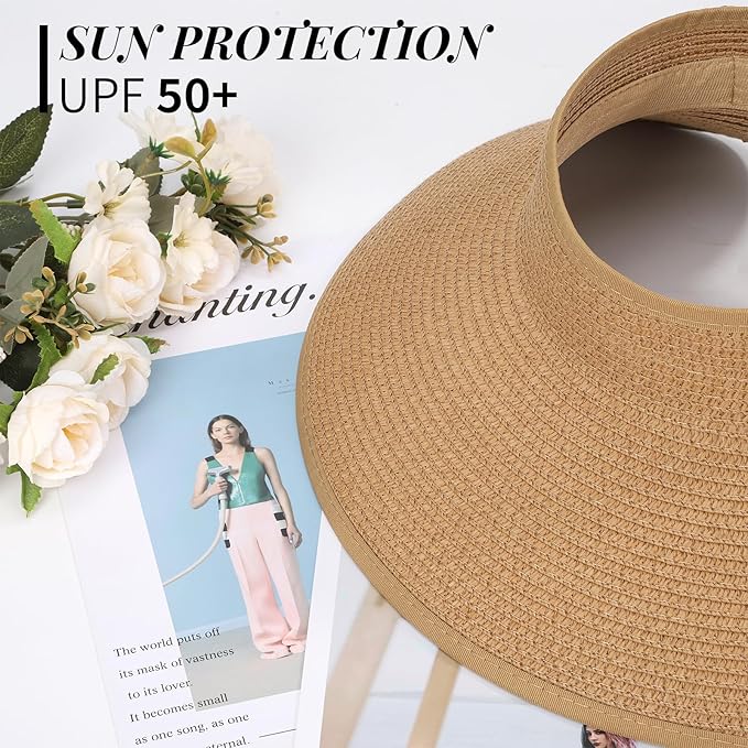 Sun Hats for Women Straw Beach Hat Wide Brim Sun Visor Summer Hat Packable Floppy Beach Vacation Essentials Green
