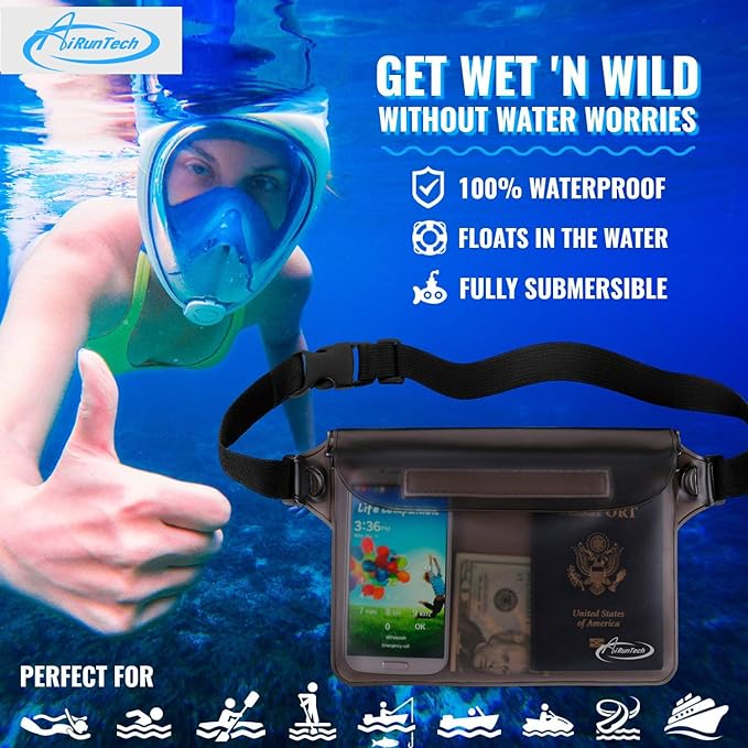 AiRunTech Waterproof Fanny Pack,Waterproof Phone Pouch for iPhone 15 14 13 12 11 Pro Max,IPX8 Waterproof Dry Bag for Snorkeling Beach Cruise Kayaking Pool Swimming(Two Phone Cases+Two Waist Bags Set)