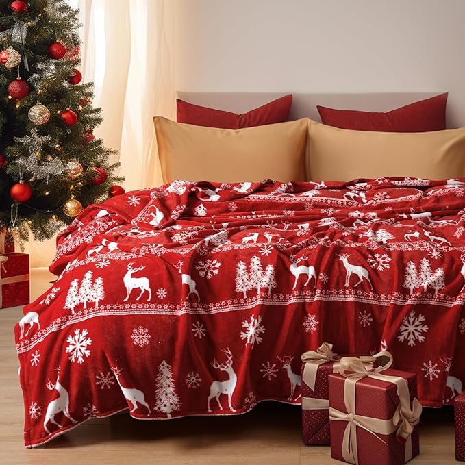 PHF Printed Fleece Blanket King Size, No Shed No Pilling Ultra Soft Plush Cozy Xmas Prints Theme Home Décor Flannel Blanket for Bed, Sofa, Couch and Gift, 108" x 90", Reindeer and Trees, Red