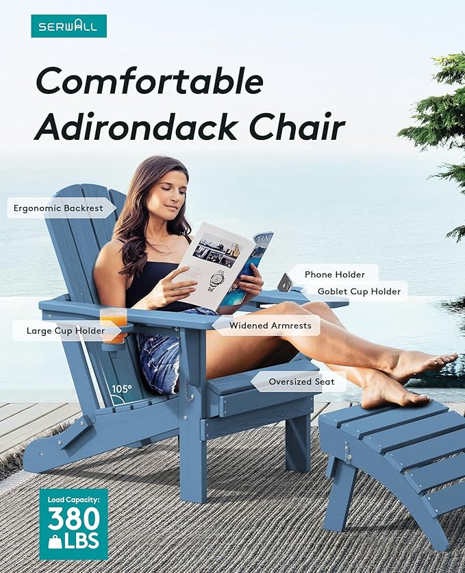 SERWALL Folding Adirondack Chair, HDPE Adirondack Chairs Set of 4, Plastic Outdoor Chairs- Looks Exactly Like Real Wood- Navy
