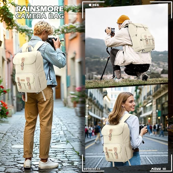 RAINSMORE Camera Bag Backpack for DSLR/SLR Mirrorless 15.6 Inch Laptop Camera Back Pack for Photographers Anti-Theft Photography Bags Case with Tripod Holder & Rain Cover, Beige