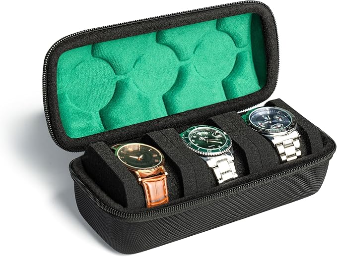 Hard Watch Travel Case,3 slots Watch Roll Case Storage and Organizer for Men and Women, with anti-move watch pillow (Black 3slot with green lining)