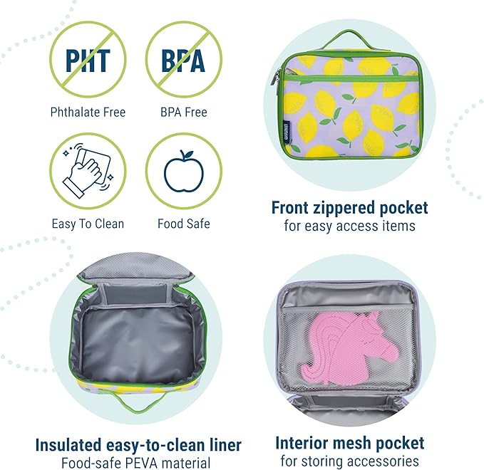 Wildkin Kids Insulated Lunch Box – Durable and Reusable for School & Travel - Lilac Lemonade