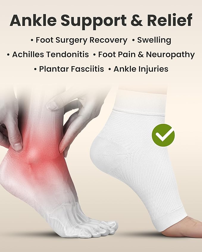 KEMFORD Ankle Compression Sleeve - Plantar Fasciitis Braces - Open Toe Compression Socks for Swelling, Sprain, Neuropathy, Foot Arch Support for Men and Women - 20-30mmhg, L, White