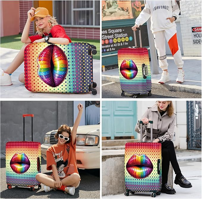 ANNA QUEEN Pop Art Rainbow Lips Luggage Cover, Colorful Suitcase Protector with Bold Lip Design, Stretchable, Washable Travel Cover for 24-26 Inch Luggage, Fun & Fashionable Style