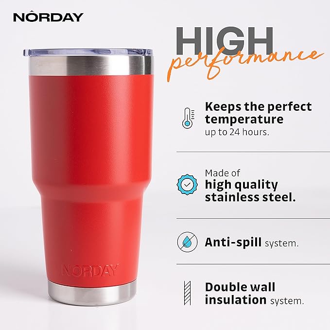 NORDAY | Tumbler with Lid - 30oz - Red Insulated Tumbler - Stainless Steel Tumblers - Double Wall Vacuum Insulated Travel Coffee Mug for Car Cup Holder - Keeps Temperature for 24hr - Anti Spill Lid