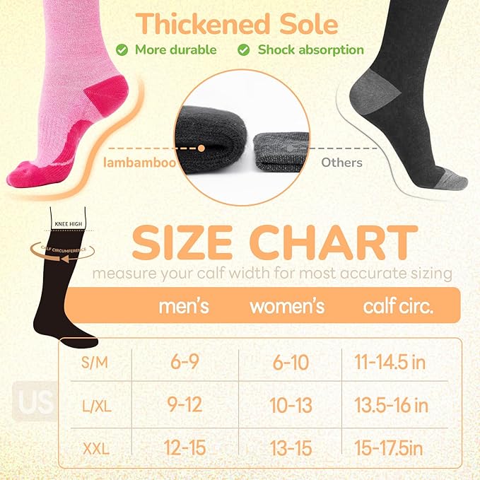 Merino Wool Compression Socks for Women Men, 15-20 mmHg Knee High Socks for Flying, Travel, Running