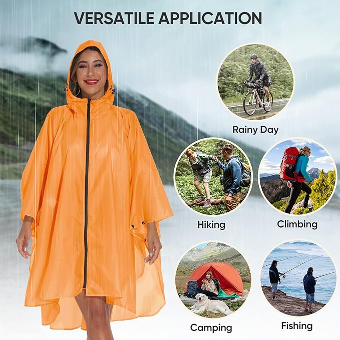PTEROMY Hooded Rain Poncho for Adult with Pocket and Zipper, Waterproof Lightweight Raincoat for Men and Women