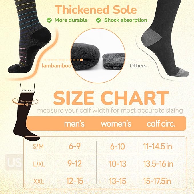 Merino Wool Compression Socks for Women Men, 15-20 mmHg Knee High Socks for Flying, Travel, Running