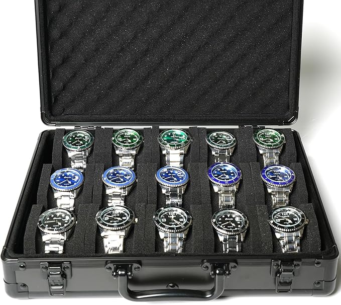 15 slots Watch organizer Case, Aluminum watch storage box, hard watch travel box, padded case for watch display and organization