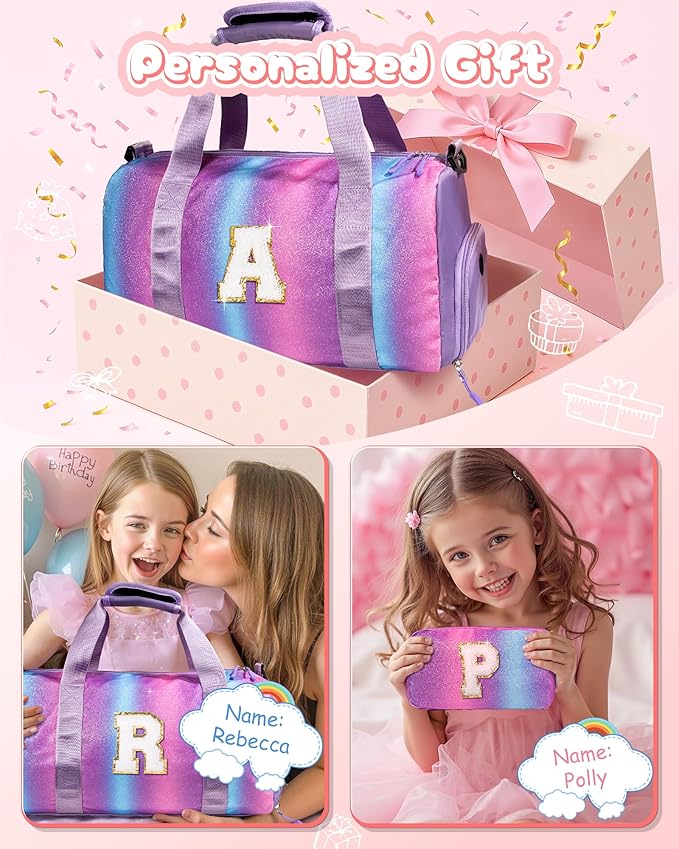 Girly Girl Stuff-Girl Gym Bag with Shoe Compartment, Kid Personalized Weekender Overnight Bags, Initial Travel Tote with Makeup Pouch, Easter Gift 5 6 7 8 9 10 Year Old (Letter N)