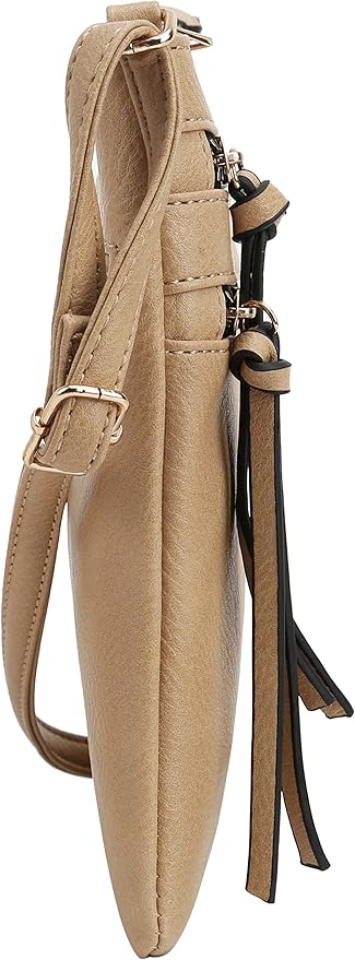 DELUXITY | Crossbody Purse Bag | Functional Multi Pocket Double Zipper Purse | Adjustable Strap | Medium Size Purse | Camel