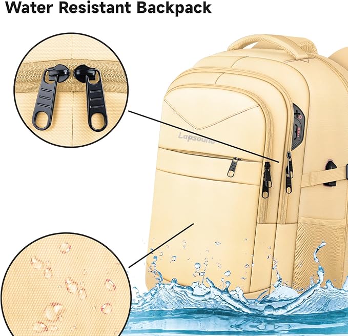 Lapsouno 15.6 Inch Laptop Backpack for Women, Large Travel Carry on Backpack, Water Resistant TSA Friendly with USB Port, College School Bag Gifts for Women, Light Yellow