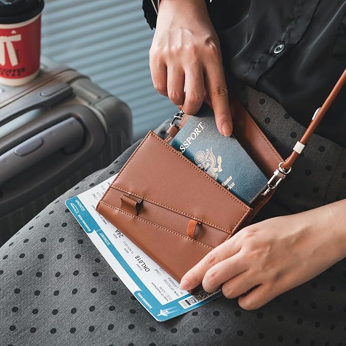 Real Leather Wallet RFID Blocking Passport Holder with Travel Lanyard Document Organizer Brown (Brown)